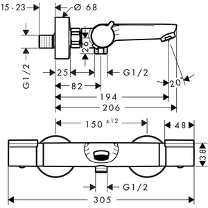 Baterie cada-dus HANSGROHE Versostat2 15348000, termostat, alama, crom Baterie cada-dus HANSGROHE Versostat2 15348000, termostat, alama, crom