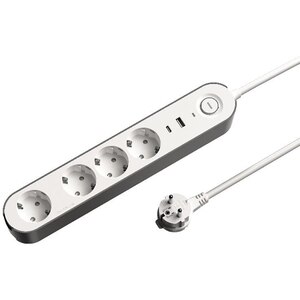 Prelungitor JACOBSEN, 4 prize Schuko, 2 porturi USB, 1.5 m, alb/gri Prelungitor JACOBSEN, 4 prize Schuko, 2 porturi USB, 1.5 m, alb/gri