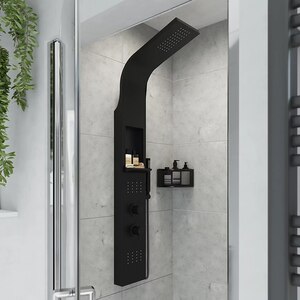 Panel de dus GOODHOME Layra, termostat, hidromasaj, 140 cm, negru mat Panel de dus GOODHOME Layra, termostat, hidromasaj, 140 cm, negru mat