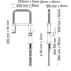 Baterie bucatarie GOODHOME Kamut, extractibil, alama sanitara, negru Baterie bucatarie GOODHOME Kamut, extractibil, alama sanitara, negru