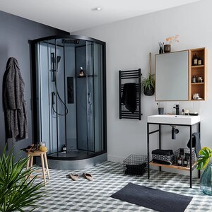 Cabina de dus cu hidromasaj GOODHOME Beloya, 90 x 90 x 220 cm, sticla securizata 6mm, profil negru Cabina de dus cu hidromasaj GOODHOME Beloya, 90 x 90 x 220 cm, sticla securizata 6mm, profil negru