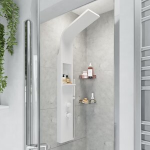 Panel de dus GOODHOME Layra, termostat, hidromasaj, 140 cm, alb mat Panel de dus GOODHOME Layra, termostat, hidromasaj, 140 cm, alb mat
