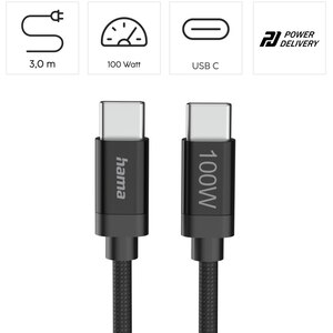 Cablu date HAMA Fabric 201749, USB-C - USB-C, 3m, negru Cablu date HAMA Fabric 201749, USB-C - USB-C, 3m, negru
