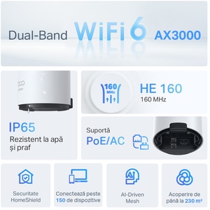 Sistem Wireless Mesh TP-LINK Deco X50-Outdoor AX3000, Wi-Fi 6, Dual Band 574 + 2402 Mbps, 1 buc, alb Sistem Wireless Mesh TP-LINK Deco X50-Outdoor AX3000, Wi-Fi 6, Dual Band 574 + 2402 Mbps, 1 buc, alb