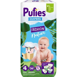 Scutece PUFIES Fashion&Nature Maxi nr 4, Unisex, 9-14 kg, 54 buc Scutece PUFIES Fashion&Nature Maxi nr 4, Unisex, 9-14 kg, 54 buc
