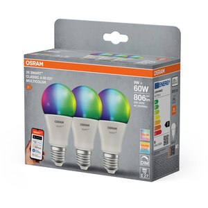 Set 3 becuri OSRAM, RGB, Wi-Fi, E27, 9W, 806lm, lumina variabila Set 3 becuri OSRAM, RGB, Wi-Fi, E27, 9W, 806lm, lumina variabila