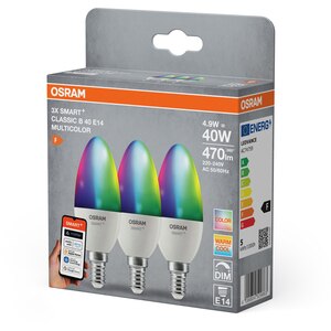 Set 3 becuri OSRAM, RGB, Wi-Fi, E14, 4.9W, 470lm, lumina variabila Set 3 becuri OSRAM, RGB, Wi-Fi, E14, 4.9W, 470lm, lumina variabila