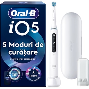 Periuta de dinti electrica ORAL-B iO5, Bluetooth, 40000 miscari/min, Curatare 3D, 5 programe, 1 capat, alb Periuta de dinti electrica ORAL-B iO5, Bluetooth, 40000 miscari/min, Curatare 3D, 5 programe, 1 capat, alb