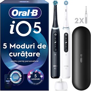Set 2 periute de dinti electrice ORAL-B iO5, Bluetooth, 40000 pulsatii/min, Curatare 3D, 5 programe, 2 capate, alb-negru Set 2 periute de dinti electrice ORAL-B iO5, Bluetooth, 40000 pulsatii/min, Curatare 3D, 5 programe, 2 capate, alb-negru