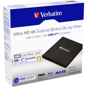 Blu-Ray Writer extern VERBATIM Slimline 43888 Ultra HD 4K, USB 3.2 Type-C, negru Blu-Ray Writer extern VERBATIM Slimline 43888 Ultra HD 4K, USB 3.2 Type-C, negru