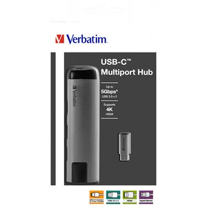 Hub USB Type-C VERBATIM 49141, USB 3.0, HDMI, Ethernet, gri-negru Hub USB Type-C VERBATIM 49141, USB 3.0, HDMI, Ethernet, gri-negru