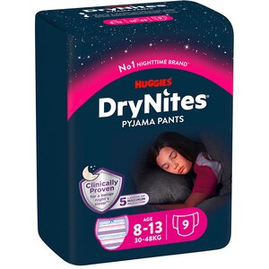 Scutece chilotel HUGGIES DryNites, Fata, 8-15 ani, 27-57 kg, 9 buc Scutece chilotel HUGGIES DryNites, Fata, 8-15 ani, 27-57 kg, 9 buc