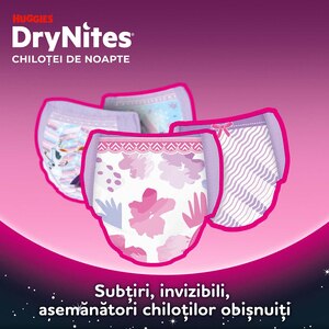 Scutece chilotel HUGGIES DryNites, Fata, 8-15 ani, 27-57 kg, 9 buc Scutece chilotel HUGGIES DryNites, Fata, 8-15 ani, 27-57 kg, 9 buc