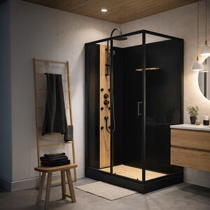 Cabina dus cu hidromasaj BAMBOO, dreptunghiulara, profil metalic, sticla securizata, 120 x 80 x 225 cm, negru/maro Cabina dus cu hidromasaj BAMBOO, dreptunghiulara, profil metalic, sticla securizata, 120 x 80 x 225 cm, negru/maro