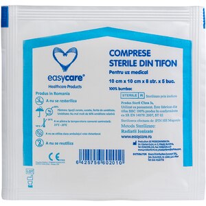 Comprese sterile EASYCARE tifon, pliate, 10x10cm, 25buc Comprese sterile EASYCARE tifon, pliate, 10x10cm, 25buc