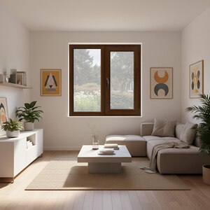Fereastra termopan APLAST, PVC, 5 camere, 116 x 116 cm, deschidere fixa + batanta dreapta, maro Fereastra termopan APLAST, PVC, 5 camere, 116 x 116 cm, deschidere fixa + batanta dreapta, maro