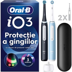 Set 2 Periute de dinti electrice ORAL-B iO3, 8800 miscari/min, Curatare 3D, Timer, 3 programe, 2 capate, negru-albastru Set 2 Periute de dinti electrice ORAL-B iO3, 8800 miscari/min, Curatare 3D, Timer, 3 programe, 2 capate, negru-albastru