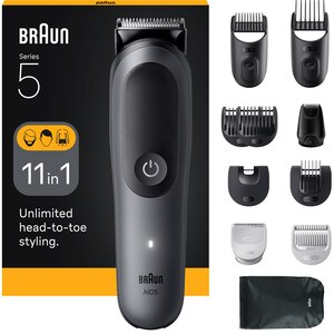 Aparat de tuns multifunctional 11 in 1 BRAUN Seria 5 AIO5560, acumulator, 120 min autonomie, argintiu Aparat de tuns multifunctional 11 in 1 BRAUN Seria 5 AIO5560, acumulator, 120 min autonomie, argintiu