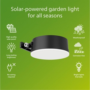 Lampa solara rotunda Philips Vynce, 1.5W, 200lm, IP44, plastic, negru Lampa solara rotunda Philips Vynce, 1.5W, 200lm, IP44, plastic, negru