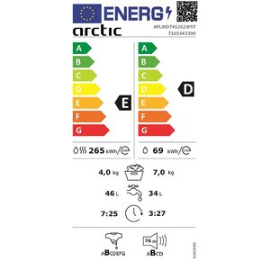 Masina de spalat rufe frontala cu uscator ARCTIC APLWD741262WST, 7/4 kg, 1200rpm, Clasa D/E, alb Masina de spalat rufe frontala cu uscator ARCTIC APLWD741262WST, 7/4 kg, 1200rpm, Clasa D/E, alb