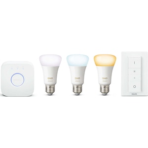 Kit 3 becuri LED Smart PHILIPS Hue A60 (60W), E27, 9.5W, 806lm, Wi-Fi, lumina variabila + Consola + Intrerupator cu variator Kit 3 becuri LED Smart PHILIPS Hue A60 (60W), E27, 9.5W, 806lm, Wi-Fi, lumina variabila + Consola + Intrerupator cu variator