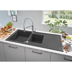 Chiuveta bucatarie GROHE K400 31643AP0, 2 cuve, picurator reversibil, compozit quartz, negru Chiuveta bucatarie GROHE K400 31643AP0, 2 cuve, picurator reversibil, compozit quartz, negru