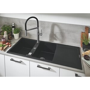 Chiuveta bucatarie GROHE K500 31647AP0, 2 cuve, picurator reversibil, compozit quartz, negru Chiuveta bucatarie GROHE K500 31647AP0, 2 cuve, picurator reversibil, compozit quartz, negru