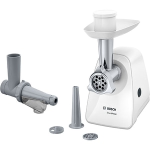 Masina de tocat carne BOSCH SmartPower MFW2515W, 1.7kg/min, 1500W, accesoriu carnati/suc de rosii, alb-gri Masina de tocat carne BOSCH SmartPower MFW2515W, 1.7kg/min, 1500W, accesoriu carnati/suc de rosii, alb-gri
