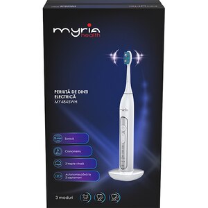 Periuta de dinti electrica MYRIA MY4845WH, 40000 miscari/minut, 3 programe, 2 capete, alb Periuta de dinti electrica MYRIA MY4845WH, 40000 miscari/minut, 3 programe, 2 capete, alb