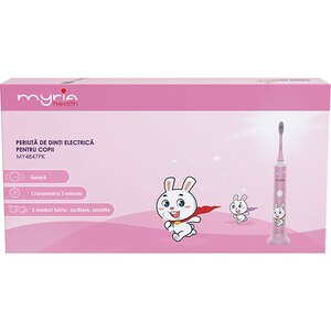 Periuta de dinti electrica copii MYRIA MY4847PK, 31000 miscari/minut, 2 programe, 2 capete, roz Periuta de dinti electrica copii MYRIA MY4847PK, 31000 miscari/minut, 2 programe, 2 capete, roz