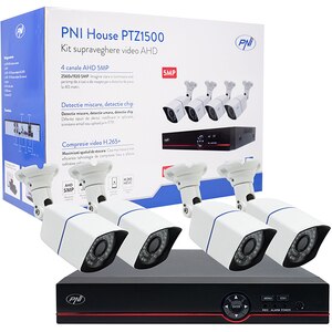 Kit supraveghere video PNI House PTZ1500, 4 camere UHD 1920p, DVR, 4 canale, alb-negru Kit supraveghere video PNI House PTZ1500, 4 camere UHD 1920p, DVR, 4 canale, alb-negru