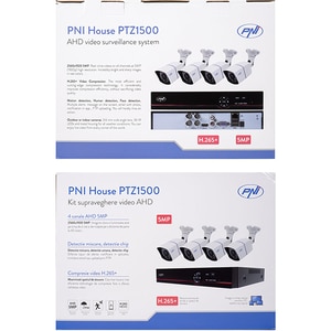 Kit supraveghere video PNI House PTZ1500, 4 camere UHD 1920p, DVR, 4 canale, alb-negru Kit supraveghere video PNI House PTZ1500, 4 camere UHD 1920p, DVR, 4 canale, alb-negru