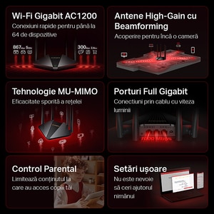 Router Wireless Gigabit MERCUSYS MR30G AC1200, Dual-Band 300 + 867 Mbps, negru Router Wireless Gigabit MERCUSYS MR30G AC1200, Dual-Band 300 + 867 Mbps, negru