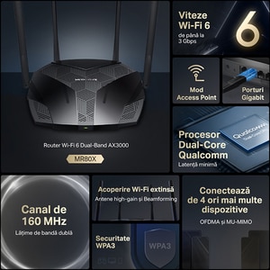 Router Wireless Gigabit MERCUSYS MR80X AX3000, WI-Fi 6, Dual-Band 574 + 2402 Mbps, negru Router Wireless Gigabit MERCUSYS MR80X AX3000, WI-Fi 6, Dual-Band 574 + 2402 Mbps, negru