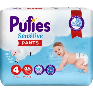 Scutece chilotel PUFIES Sensitive nr 4, Unisex, 9-15 kg, 46 buc Scutece chilotel PUFIES Sensitive nr 4, Unisex, 9-15 kg, 46 buc