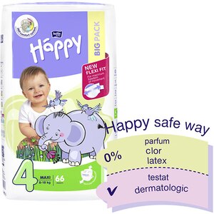 Scutece HAPPY Maxi nr 4, Unisex, 8-18 kg, 66 buc Scutece HAPPY Maxi nr 4, Unisex, 8-18 kg, 66 buc