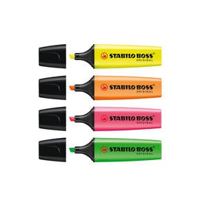 Textmarker STABILO Boss, 2-5 mm, 4 culori (galben, portocaliu, verde, roz) Textmarker STABILO Boss, 2-5 mm, 4 culori (galben, portocaliu, verde, roz)