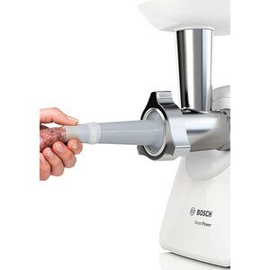 Masina de tocat carne BOSCH SmartPower MFW2520W, 1.7kg/min, 350W, accesoriu carnati/kebbe, alb-gri Masina de tocat carne BOSCH SmartPower MFW2520W, 1.7kg/min, 350W, accesoriu carnati/kebbe, alb-gri