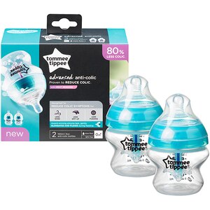 Set biberoane cu sistem de ventilatie TOMMEE TIPPEE Advanced: 2 x biberoane 150 ml, flux lent, 0 luni +, bleu - transparent Set biberoane cu sistem de ventilatie TOMMEE TIPPEE Advanced: 2 x biberoane 150 ml, flux lent, 0 luni +, bleu - transparent