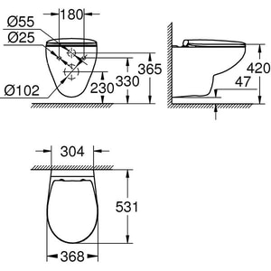 Set vas WC GROHE Bau Ceramic 39351000, montaj suspendat, evacuare orizontala, cu capac, alb Set vas WC GROHE Bau Ceramic 39351000, montaj suspendat, evacuare orizontala, cu capac, alb