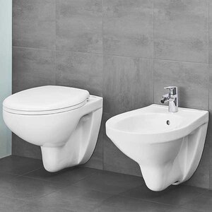 Set vas WC GROHE Bau Ceramic 39351000, montaj suspendat, evacuare orizontala, cu capac, alb Set vas WC GROHE Bau Ceramic 39351000, montaj suspendat, evacuare orizontala, cu capac, alb