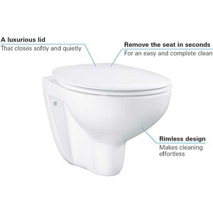 Set vas WC GROHE Bau Ceramic 39351000, montaj suspendat, evacuare orizontala, cu capac, alb Set vas WC GROHE Bau Ceramic 39351000, montaj suspendat, evacuare orizontala, cu capac, alb