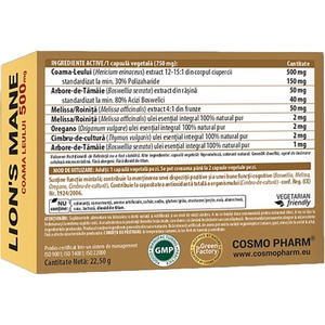 Supliment Coama Leului 500 mg, 30 capsule, COSMO PHARM Supliment Coama Leului 500 mg, 30 capsule, COSMO PHARM