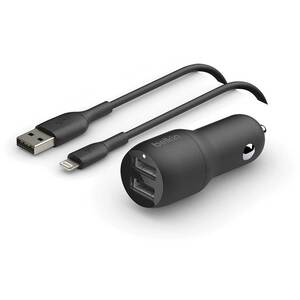 Incarcator auto BELKIN CCD001bt1MBK, 2xUSB-A 24W, Cablu Lightning, negru Incarcator auto BELKIN CCD001bt1MBK, 2xUSB-A 24W, Cablu Lightning, negru
