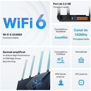 Router Wireless Gigabit TP-LINK Archer AX55 Pro, AX3000, Wi-Fi 6, Dual-Band 574+2402 Mbps, negru Router Wireless Gigabit TP-LINK Archer AX55 Pro, AX3000, Wi-Fi 6, Dual-Band 574+2402 Mbps, negru