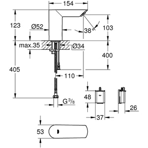 Baterie lavoar cu senzor infrarosu GROHE Bau Cosmopolitan E 36452000, baterie Litiu 6V, alama, argintiu Baterie lavoar cu senzor infrarosu GROHE Bau Cosmopolitan E 36452000, baterie Litiu 6V, alama, argintiu