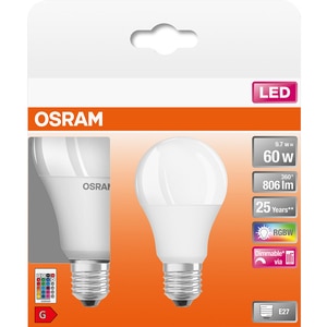 Set 2 becuri LED RGBW OSRAM 4058075091733, E27, 9W, Telecomanda Set 2 becuri LED RGBW OSRAM 4058075091733, E27, 9W, Telecomanda