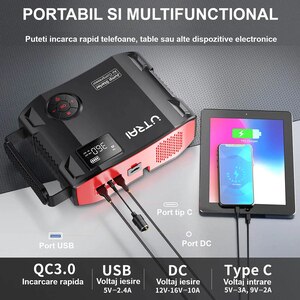 Starter auto UTRAI Jstar 5, 12V, 2500A, 27000mAh, USB, compresor, lanterna, negru Starter auto UTRAI Jstar 5, 12V, 2500A, 27000mAh, USB, compresor, lanterna, negru