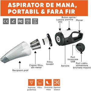 Aspirator auto ROLL FAST 81810R, 150W, alb-negru Aspirator auto ROLL FAST 81810R, 150W, alb-negru