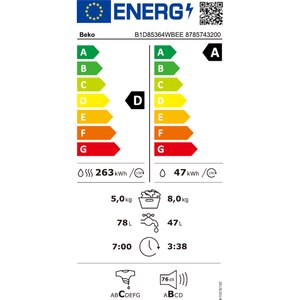Masina de spalat rufe frontala cu uscator BEKO B1D85364WBEE, SteamCure, 8/5 kg, 1400rpm, Clasa A/D, alb Masina de spalat rufe frontala cu uscator BEKO B1D85364WBEE, SteamCure, 8/5 kg, 1400rpm, Clasa A/D, alb